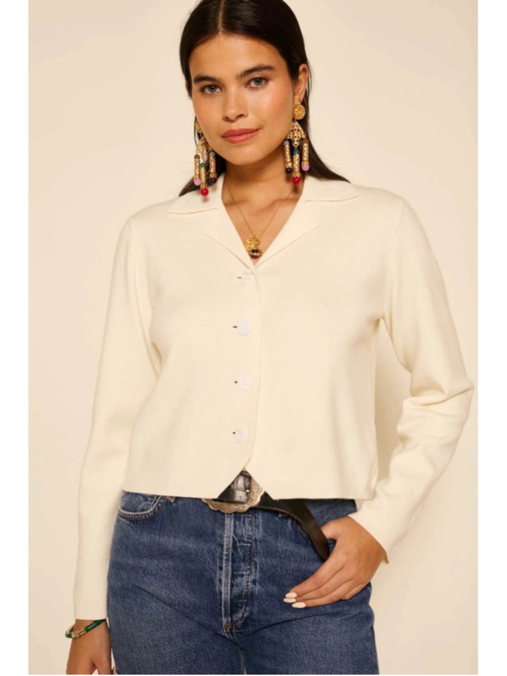 Rixo Aara Cream Wool Blend Collared Cardigan Button Front Sweater Large